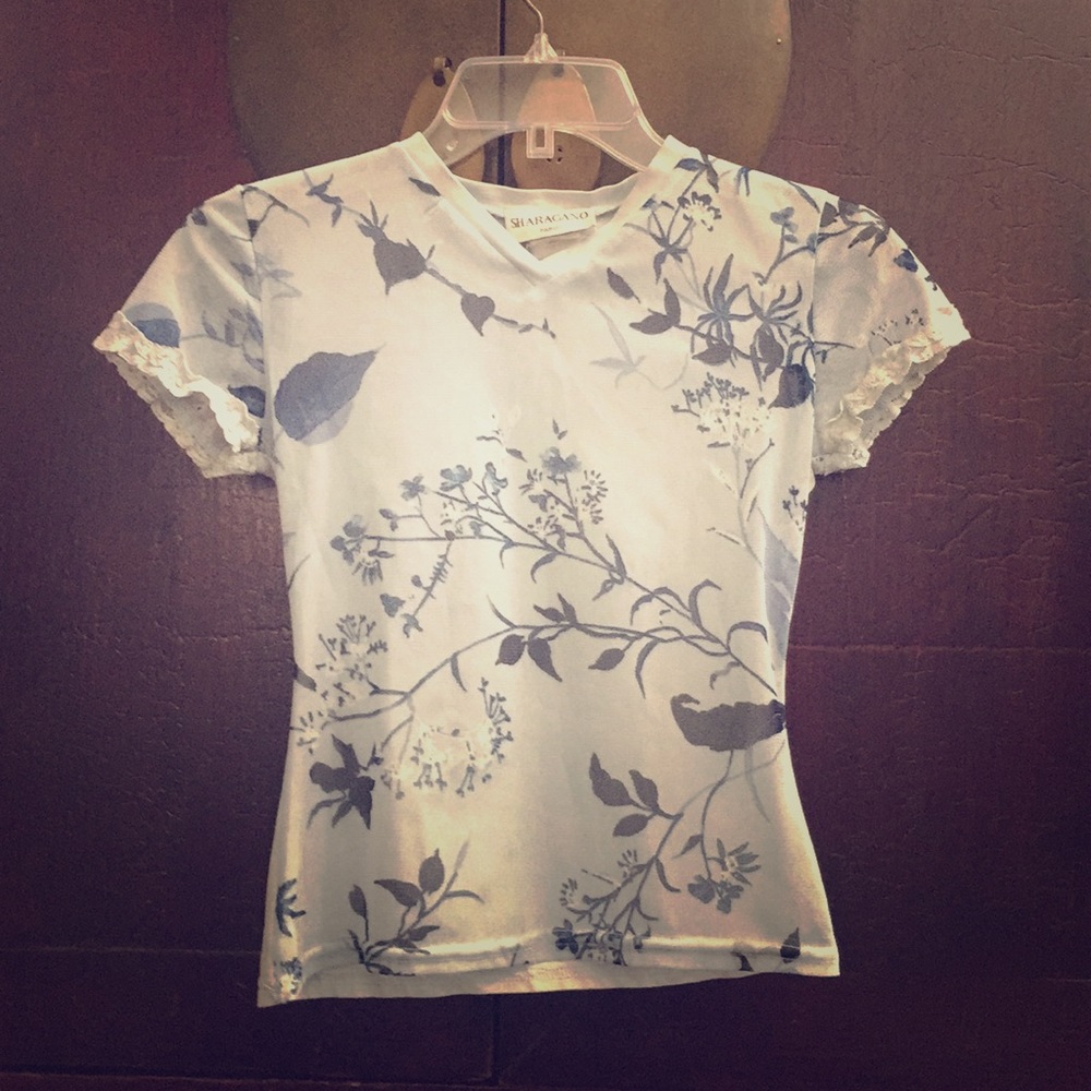 1990s Sharagano Paris Blue Mesh Top